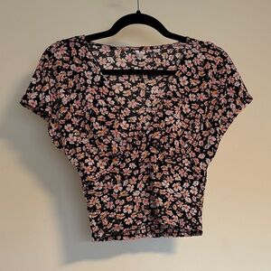 Only Black Floral Twist-Front Crop Top with Pink Flowers